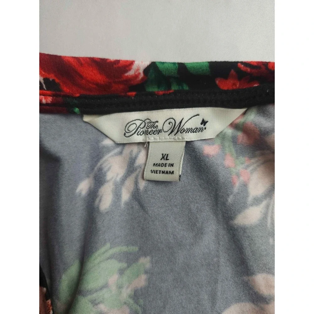 Pioneer Woman Floral V-Neck Tunic Top XL Black Red Rose 3/4 Sleeve